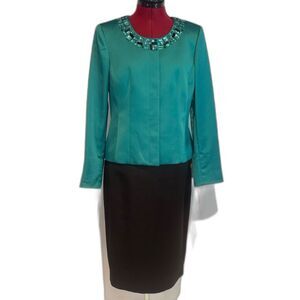NWT Kasper Skirt Suit Women's Size 6 Teal & Black 2-Piece Set Blazer & Skirt